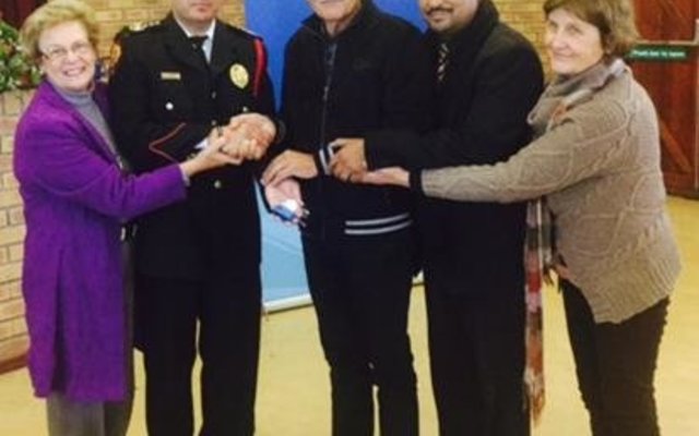 From ltr Overstrand Executive Mayor Nicolette Botha-Guthrie, Fire Chief Lester Smith, Hennie Zeelie, Neville Michaels (Director) and Angela Heslop (Head: Red Cross Hermanus)